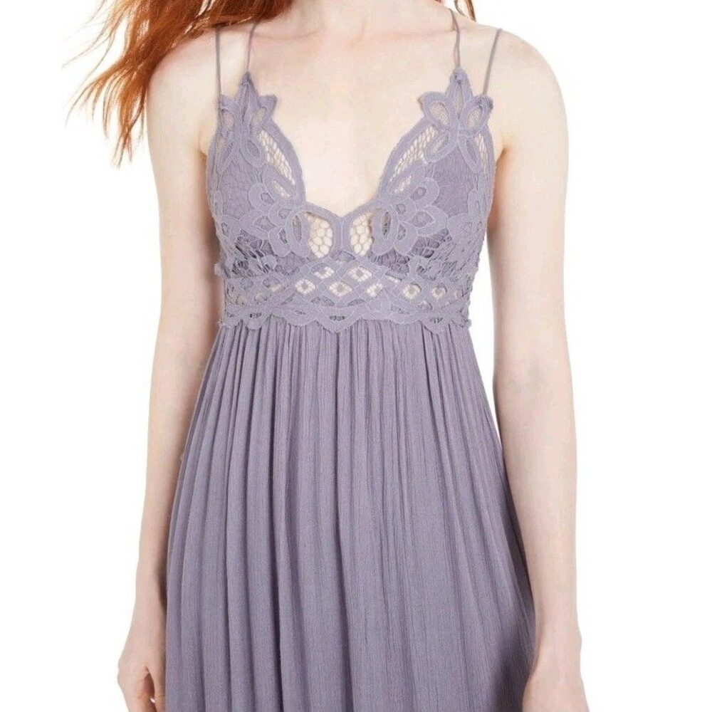 Free People One Adella Maxi Crochet Lace Slip Dress Boho Lavender Gray Size L